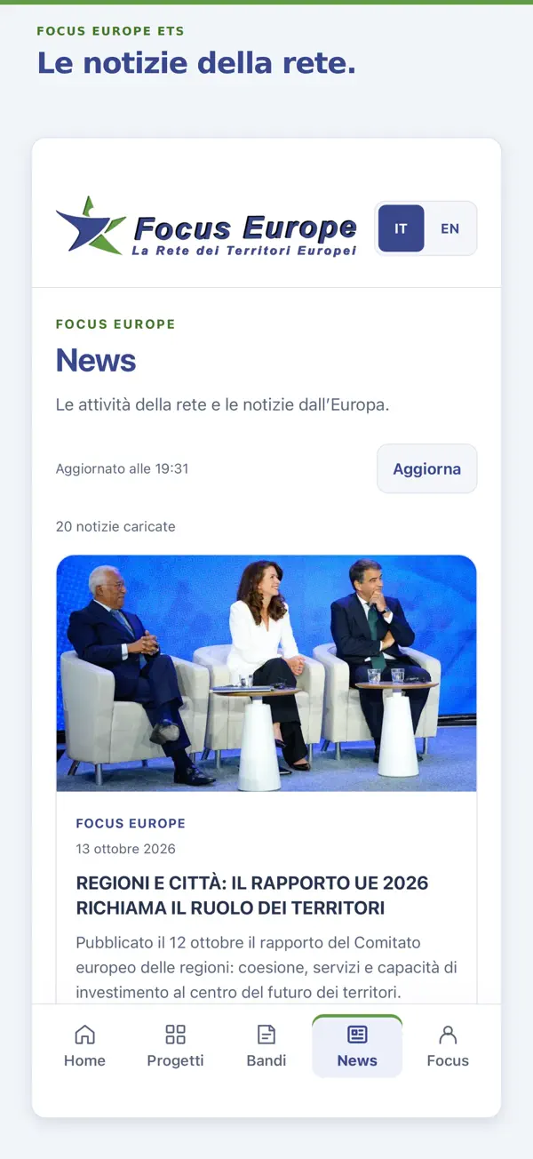 Schermata reale dell’app Focus Europe: Le notizie